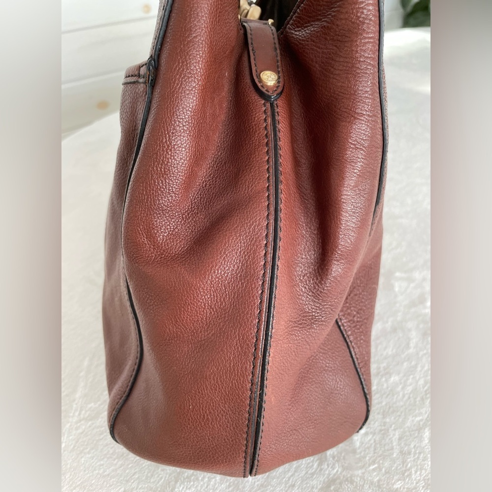 Cole Haan Handbag Purse Satchel Pebbled Brown Leather Equestrian Brass Accent - Picture 5 of 17